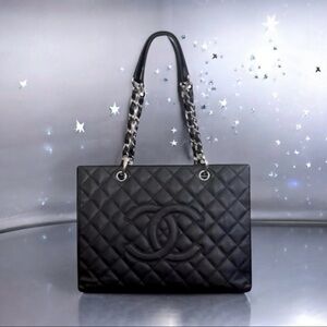 💞VINTAGE CHANEL Black Caviar Quilted Grand Shopping Tote (GST) Silver-Tone HW